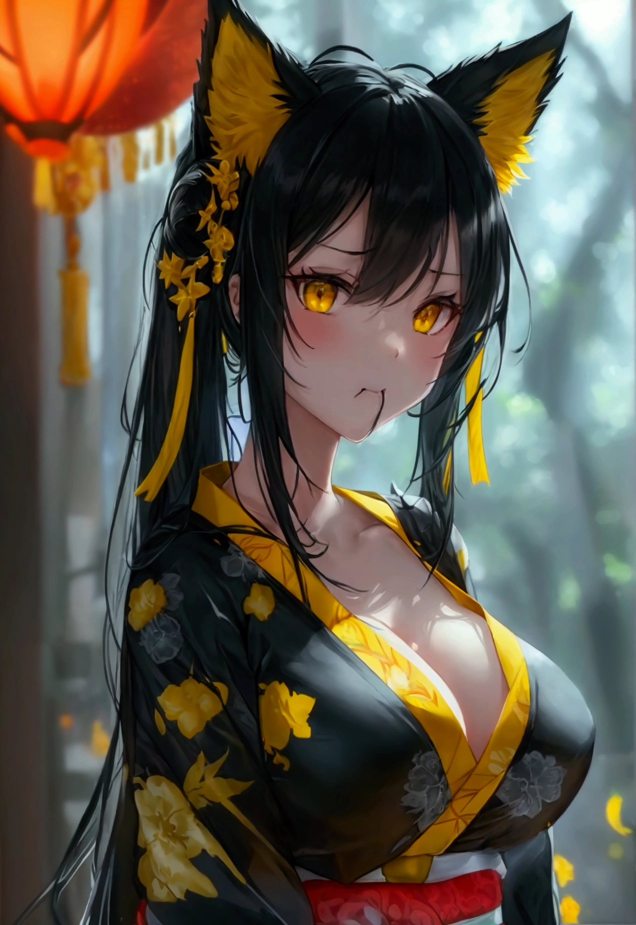 Oversized breasts、.Exposing breasts.One girl, {{{{}}}}, , Black Hair, Long Hair, Yellow Eyes, Black wolf ears, Side Lock, Mouth closed, Medium chest, Are standing, Animal tails,kimono、Alluring