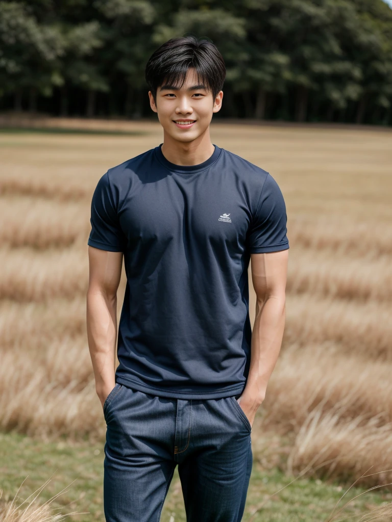 独奏: 1.5, (As a matter of fact, Masterpiece, 8k HD, good light quality, sportswear, fit the face, complicated details), A handsome Korean young man with muscular arms. , 20 years old, be happy, smile brightly, detailed face, delicate eyes, look at the sky, Wear a navy tight T-shirt.:1.6 ,Wear a denim coat., jeans period, black eyes, Black hair color, ผมsmooth, smooth,Surreal,Awesome details,Highest quality,real,Open your mouth to talk. , Close your eyes., (standing in the grass:1.5)