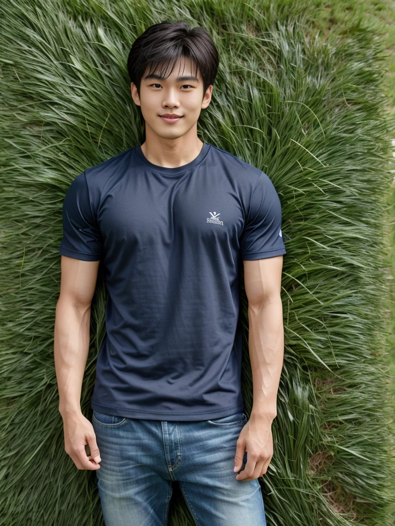 独奏: 1.5, (As a matter of fact, Masterpiece, 8k HD, good light quality, sportswear, fit the face, complicated details), A handsome Korean young man with muscular arms. , 20 years old, be happy, smile brightly, detailed face, delicate eyes, look at the sky, Wear a navy tight T-shirt.:1.6 ,Wear a denim coat., jeans period, black eyes, Black hair color, ผมsmooth, smooth，Surreal，Awesome details，Highest quality，real，Open your mouth to talk. , Close your eyes., (standing in the grass:1.5)