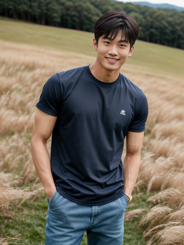 独奏: 1.5, (As a matter of fact, Masterpiece, 8k HD, good light quality, sportswear, fit the face, complicated details), A handsome Korean young man with muscular arms. , 20 years old, be happy, smile brightly, detailed face, delicate eyes, look at the sky, Wear a navy tight T-shirt.:1.6 ,Wear a denim coat., jeans period, black eyes, Black hair color, ผมsmooth, smooth,Surreal,Awesome details,Highest quality,real,Open your mouth to talk. , Close your eyes., (standing in the grass:1.5)