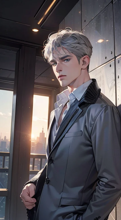 (best quality, masterpiece, 8K, photorealistic, cinematic lighting, 1:4 hdr image, ultra detailed, beautiful image), a mature man, 34 years very handsome, ((cold expression)), short grey hair, blue eyes, face perfect without mistakes, ((buttoning his jacket, CEO))