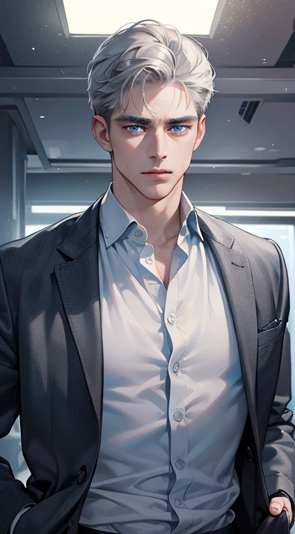 (best quality, masterpiece, 8K, photorealistic, cinematic lighting, 1:4 hdr image, ultra detailed, beautiful image), a mature man, 34 years very handsome, ((cold expression)), short grey hair, blue eyes, face perfect without mistakes, ((buttoning his jacket, CEO))