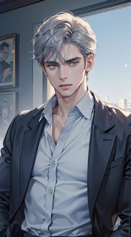 (best quality, masterpiece, 8K, photorealistic, cinematic lighting, 1:4 hdr image, ultra detailed, beautiful image), a mature man, 34 years very handsome, ((cold expression)), short grey hair, blue eyes, face perfect without mistakes, ((buttoning his jacket, CEO))