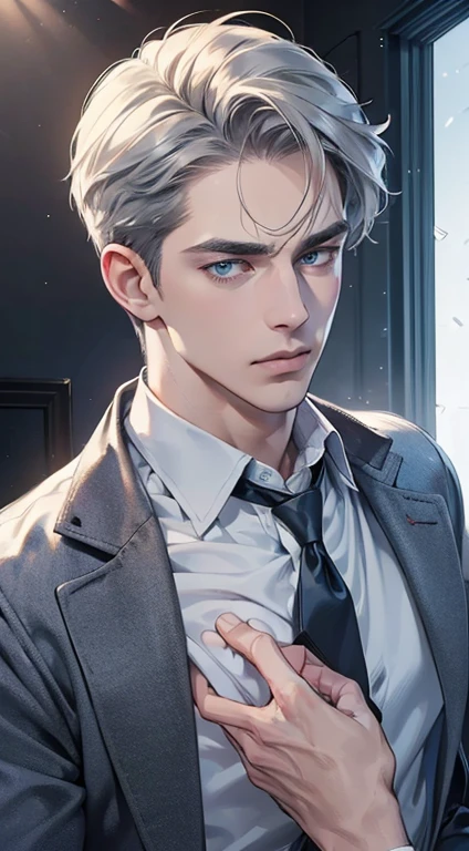 (best quality, masterpiece, 8K, photorealistic, cinematic lighting, 1:4 hdr image, ultra detailed, beautiful image), a mature man, 34 years very handsome, ((cold expression)), short grey hair, blue eyes, face perfect without mistakes, ((buttoning his jacket, CEO))