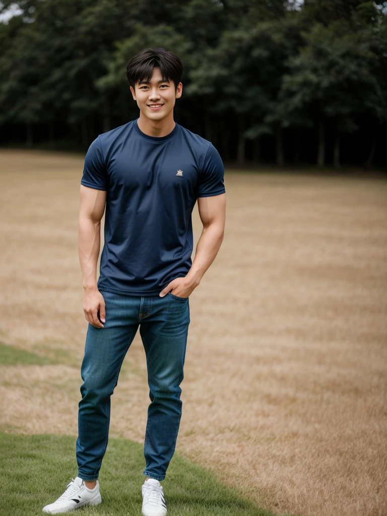 独奏: 1.5, (As a matter of fact, Masterpiece, 8k HD, good light quality, sportswear, fit the face, complicated details), A handsome Korean young man with muscular arms. , 20 years old, be happy, smile brightly, detailed face, delicate eyes, look at the sky, Wear a navy tight T-shirt.:1.6 ,Wear a denim coat., jeans period, black eyes, Black hair color, ผมsmooth, smooth,Surreal,Awesome details,Highest quality,real,Open your mouth to talk. , Close your eyes., (standing in the grass:1.5)