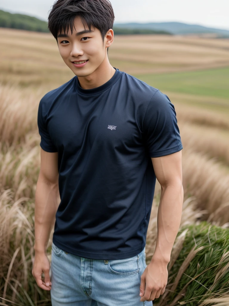独奏: 1.5, (As a matter of fact, Masterpiece, 8k HD, good light quality, sportswear, fit the face, complicated details), A handsome Korean young man with muscular arms. , 20 years old, be happy, smile brightly, detailed face, delicate eyes, look at the sky, Wear a navy tight T-shirt.:1.6 ,Wear a denim coat., jeans period, black eyes, Black hair color, ผมsmooth, smooth,Surreal,Awesome details,Highest quality,real,Open your mouth to talk. , Close your eyes., (standing in the grass:1.5)