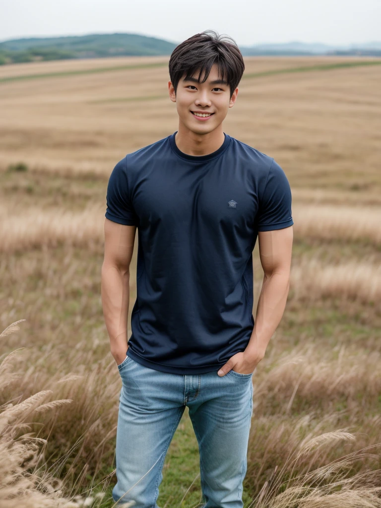 独奏: 1.5, (As a matter of fact, Masterpiece, 8k HD, good light quality, sportswear, fit the face, complicated details), A handsome Korean young man with muscular arms. , 20 years old, be happy, smile brightly, detailed face, delicate eyes, look at the sky, Wear a navy tight T-shirt.:1.6 ,Wear a denim coat., jeans period, black eyes, Black hair color, ผมsmooth, smooth，Surreal，Awesome details，Highest quality，real，Open your mouth to talk. , Close your eyes., (standing in the grass:1.5)