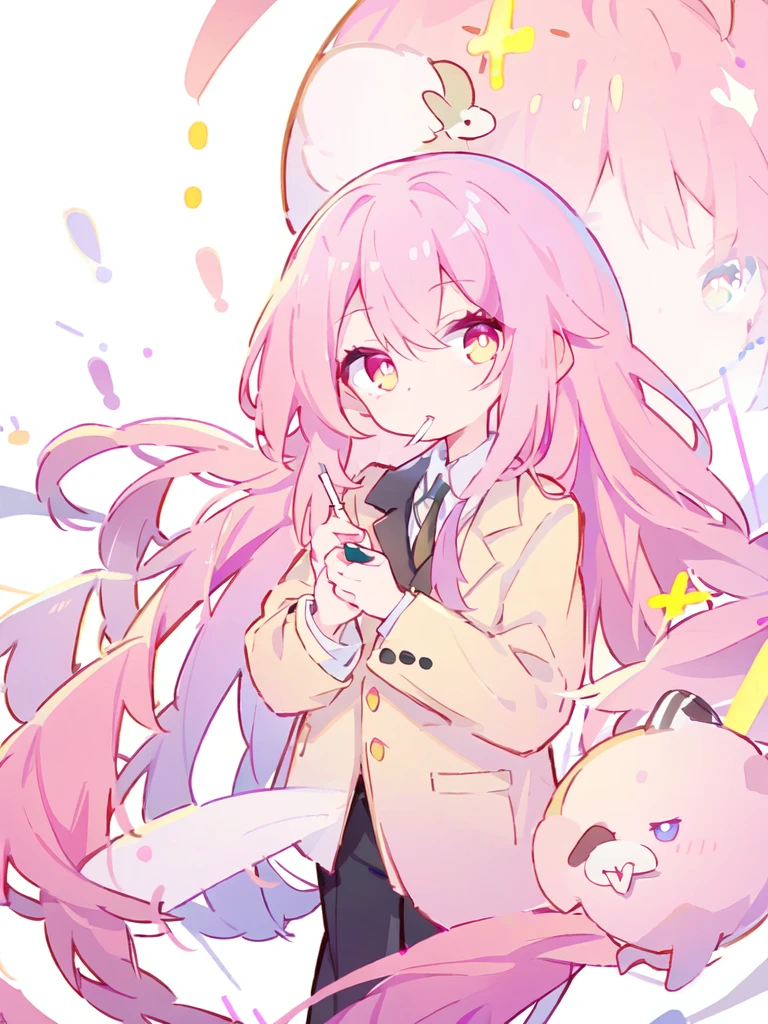 Super Long Hair、Pink Hair、Ocher Eyes、Round eyes、Holding a cigarette、wearing a blazer