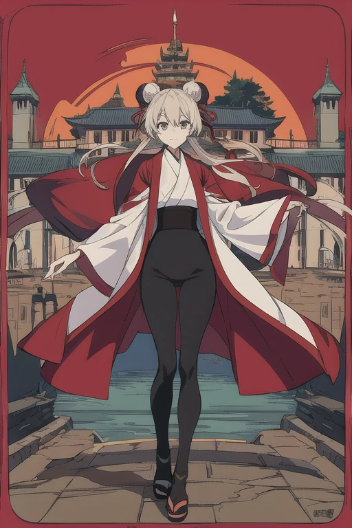 anime picture, perfect body, full body, Japanese castle background, a female with Bun Hairstyle wearing a red robe and black leggings