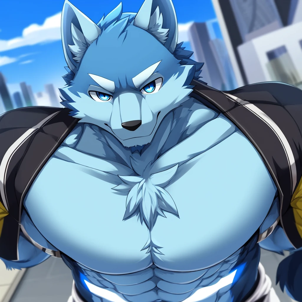 bynamic angle,depth of field, motion blur, absurdres,looking at viewer, (best quality), (masterpiece), (ultra detailed),(detailed eyes),sharp focus,manga,anthro male Blue Wolf,(muscular),Huge body chest ,sky blue eyes,handsome jacketblue technology city graypants