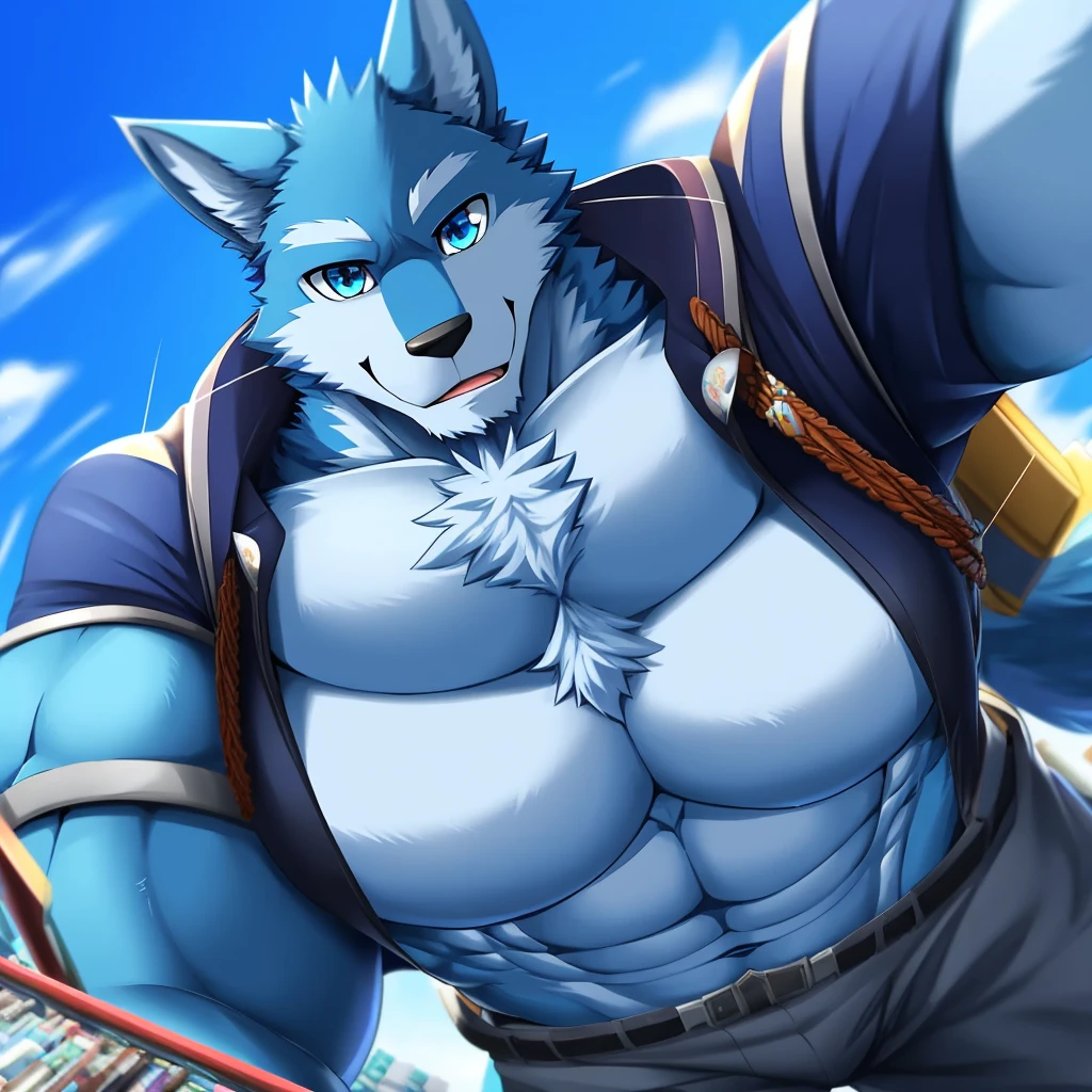 bynamic angle,depth of field, motion blur, absurdres,looking at viewer, (best quality), (masterpiece), (ultra detailed),(detailed eyes),sharp focus,manga,anthro male Blue Wolf,(muscular),Huge body chest , own pet kitty ,sky blue eyes,handsome jacket blue technology city gray pants