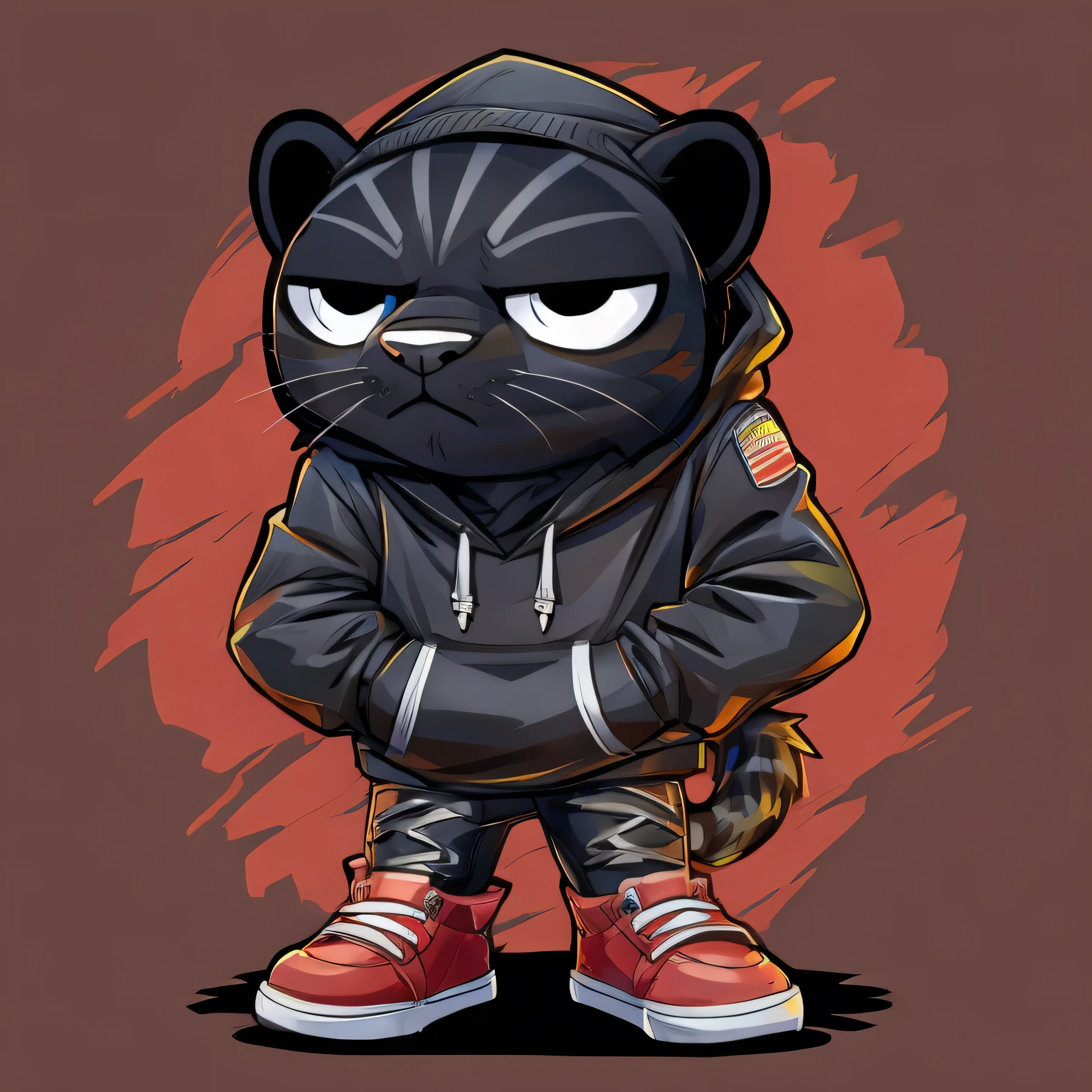 A cool Black Leopard wearing black hoodie, hands in pockets, black pants, black sneaker