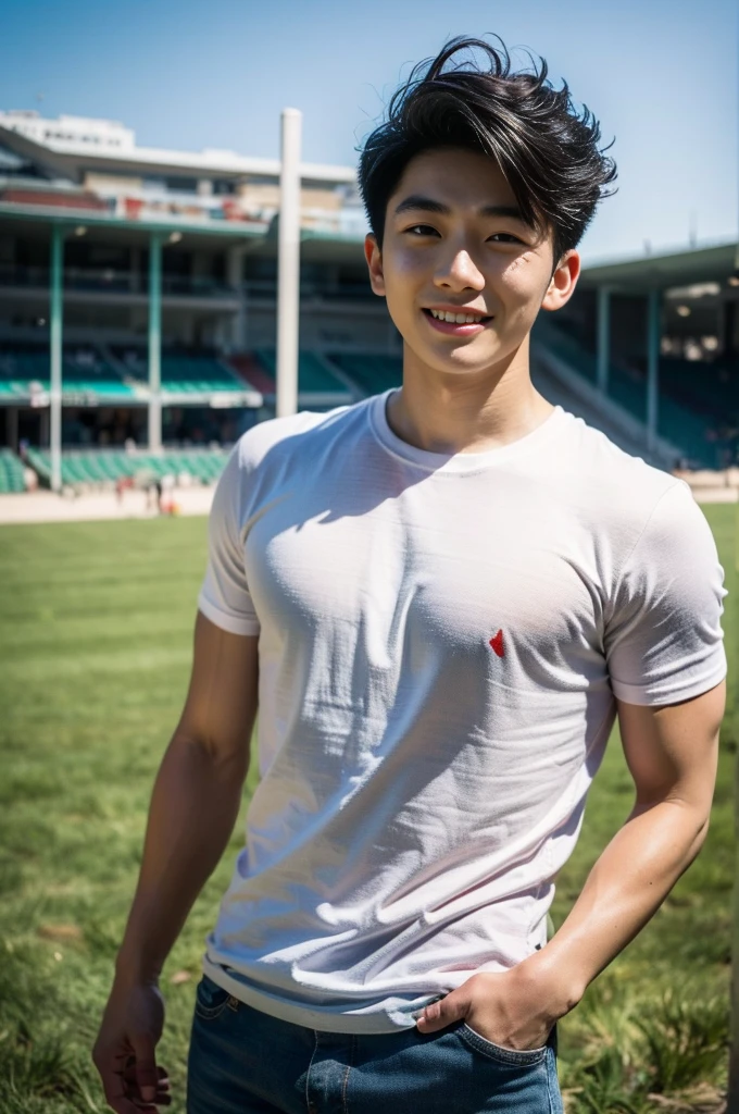 Young Korean man in a white t-shirt and jeans, A handsome, muscular young Asian man looks at the camera. In a simple t-shirt blue and red , Fieldside, grass, beach, sunlight, Carrying a camera, smiling