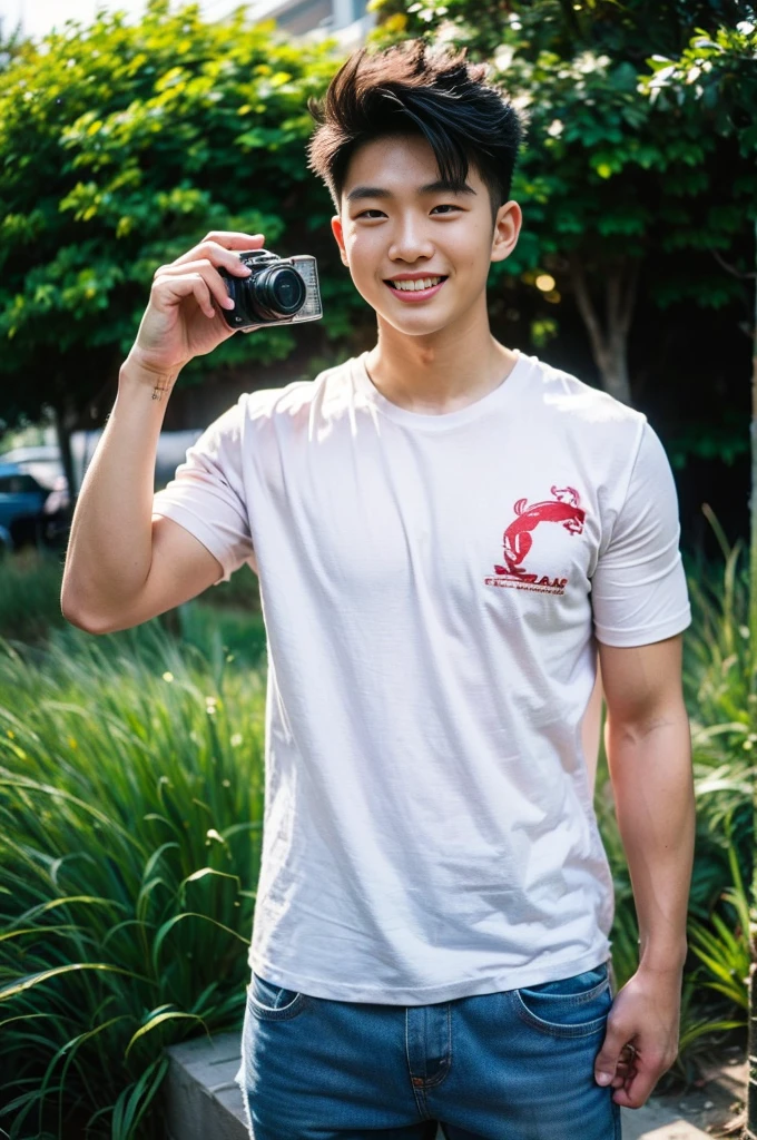 Young Korean man in a white t-shirt and jeans, A handsome, muscular young Asian man looks at the camera. In a simple t-shirt blue and red , Fieldside, grass, beach, sunlight, Carrying a camera, smiling
