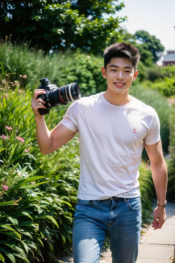 Young Korean man in a white t-shirt and jeans, A handsome, muscular young Asian man looks at the camera. In a simple t-shirt blue and red , Fieldside, grass, beach, sunlight, Carrying a camera, smiling