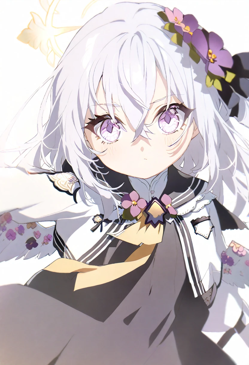 azusa \(blue archive\), 1girl angel_wings black_dress blush breasts closed_mouth dress feathered_wings flower grey_hair hair_between_eyes hair_flower hair_ornament halo jacket long_hair open_clothes open_jacket purple_eyes purple_flower simple_background sleeveless sleeveless_dress small_breasts solo twitter_username white_background white_jacket white_wings wings yellow_halo