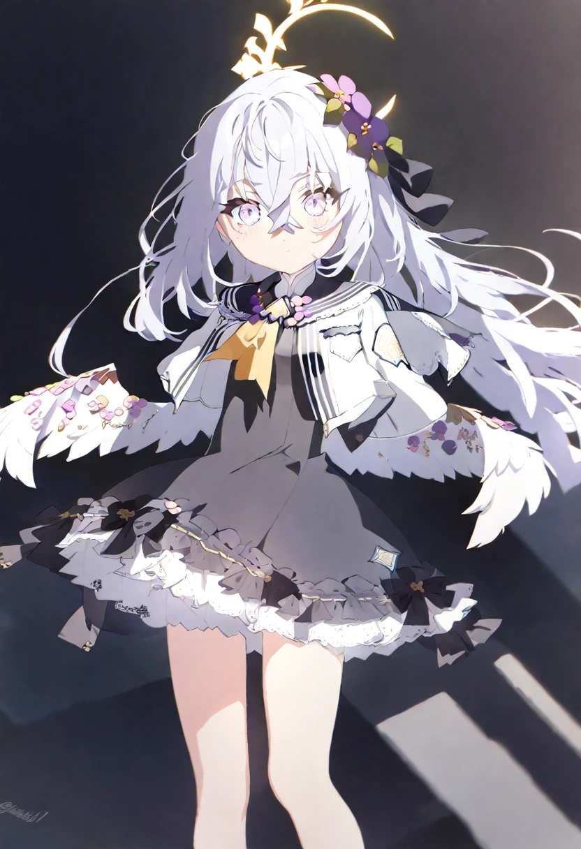azusa \(blue archive\),  1girl angel_wings black_dress blush breasts closed_mouth dress feathered_wings flower grey_hair hair_between_eyes hair_flower hair_ornament halo jacket long_hair open_clothes open_jacket purple_eyes purple_flower simple_background sleeveless sleeveless_dress small_breasts solo twitter_username white_background white_jacket white_wings wings yellow_halo