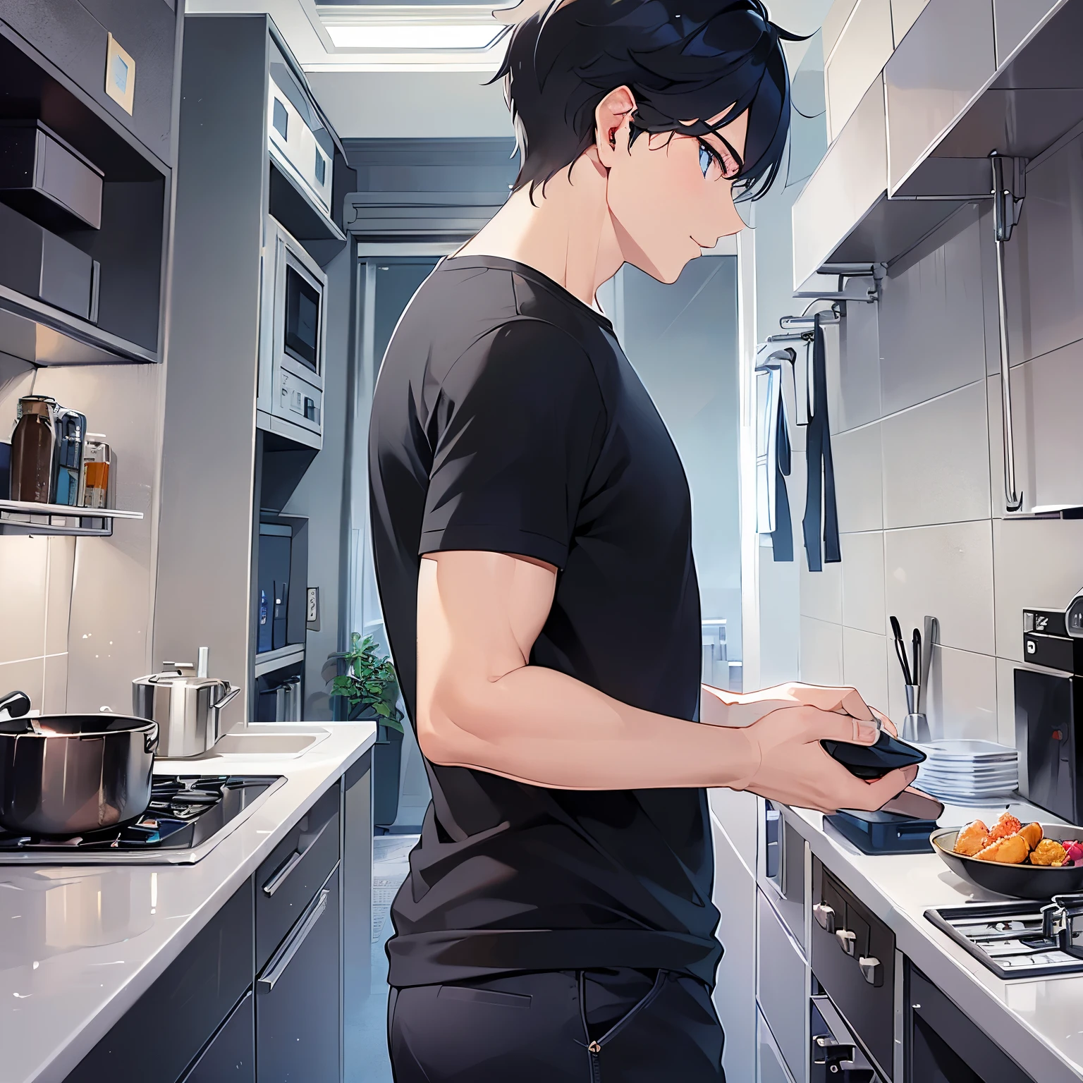 (alone:1.5)、upper body、Side shot、profile、
shiny skin, masterpiece、Highest quality、(25-year-old male:1.5) and (Black short hair) and (blue eyes)
(black) and (T-Shirts),serious、
The background is the kitchen at night、Chopping vegetables