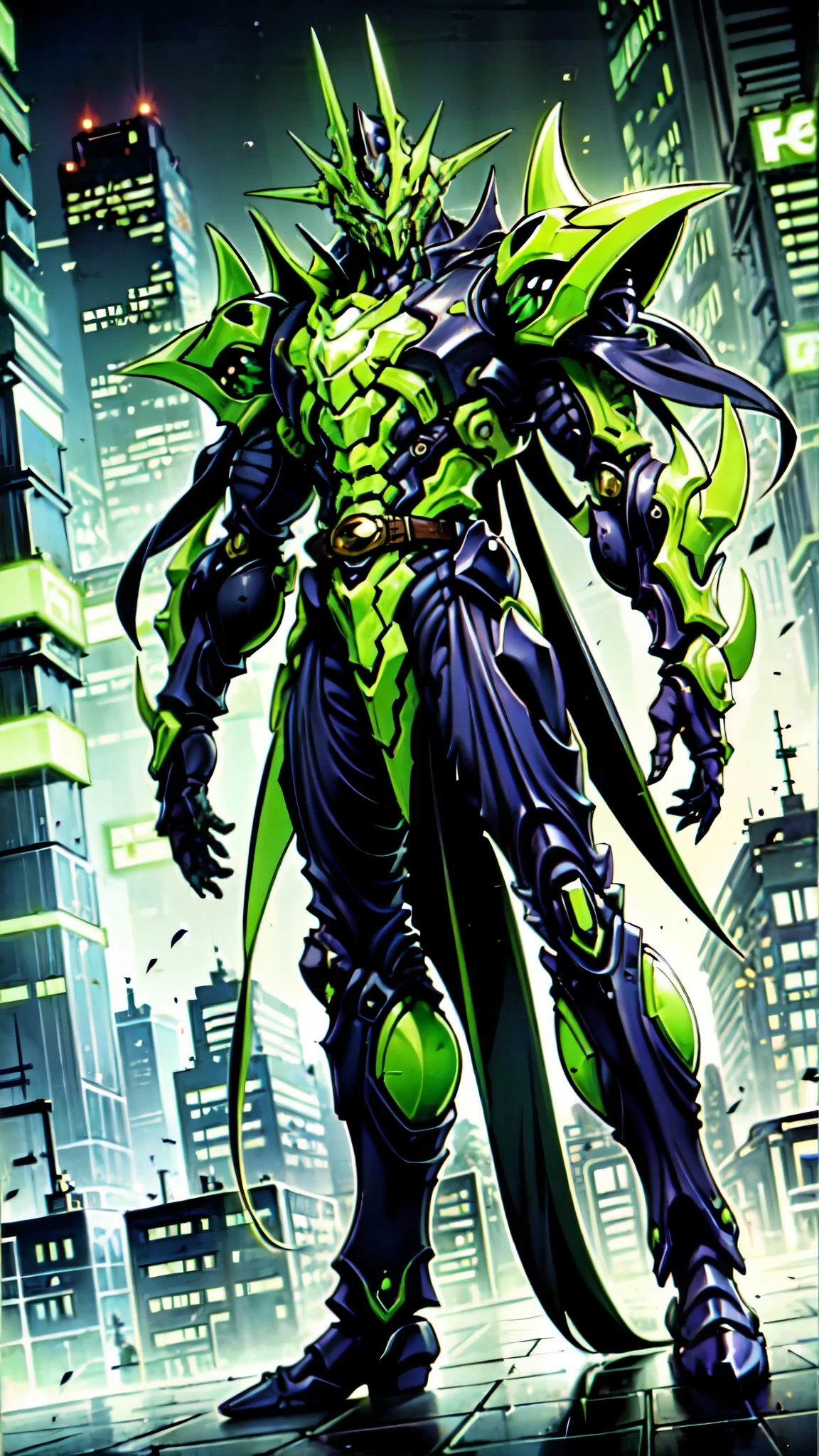 (masterpiece:1.5, best quality:1.5, extremely delicate:1.5, foreshortening:1.5, dynamic angle:1.5), a man wearing a full-face helmet, a fantasy-style biotech armored combat suit, green eyes, (a composite layered chest armor), fully enclosed shoulder guards, matching arm and leg guards, the belt is adorned with neon circuitry, (the color scheme is primarily black glow with green and red accents), the design balances heavy with agility, a high-tech bio-mecha armor, (Armor Concept Inspired by neon Cyberpunk, stand on the top of a skyscraper in a futuristic sci-fi city), this character embodies a finely crafted fantasy-surreal style armored hero in anime style, exquisite and mature manga art style, (element, plasma, energy, the armor glows), ((male:1.5)), metallic, high definition, highres, ultra-detailed, ultra-fine painting, professional, perfect body proportions, golden ratio, anatomically correct, symmetrical face, extremely detailed eyes and face, high quality eyes, creativity, RAW photo, UHD, 32k, Natural light, cinematic lighting, masterpiece-anatomy-perfect