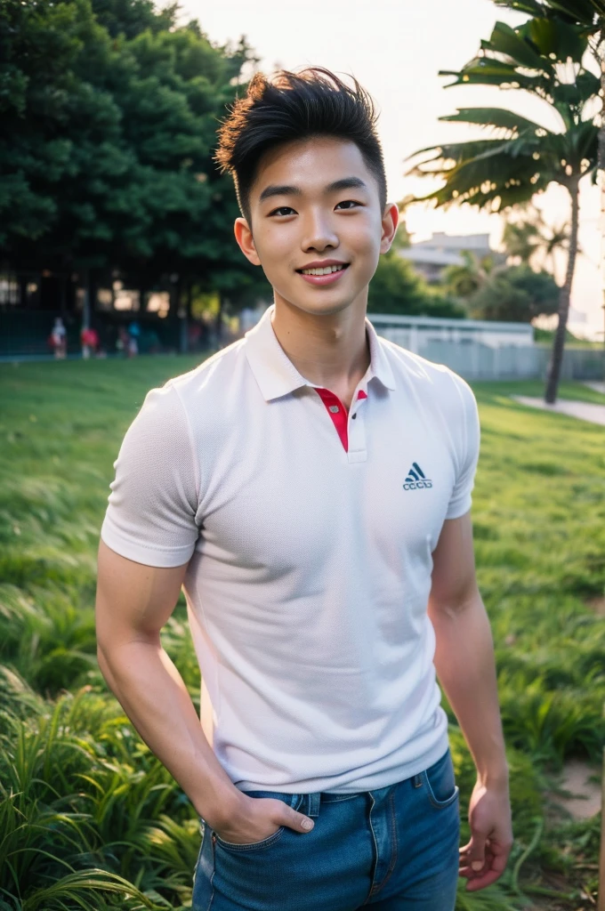 Young Korean man in a white polo shirt and jeans, A handsome, muscular young Asian man looks at the camera. In a simple t-shirt blue and red , Fieldside, grass, beach, sunlight, Carrying a camera, smiling