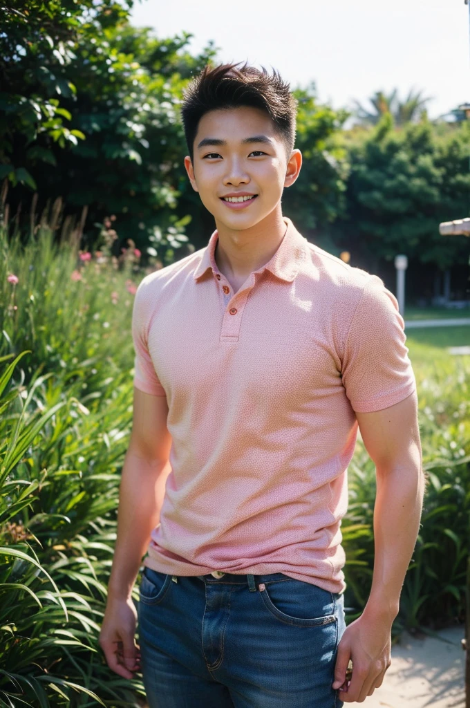 Young Korean man in a white polo shirt and jeans, A handsome, muscular young Asian man looks at the camera. In a simple t-shirt blue and red , Fieldside, grass, beach, sunlight, Carrying a camera, smiling