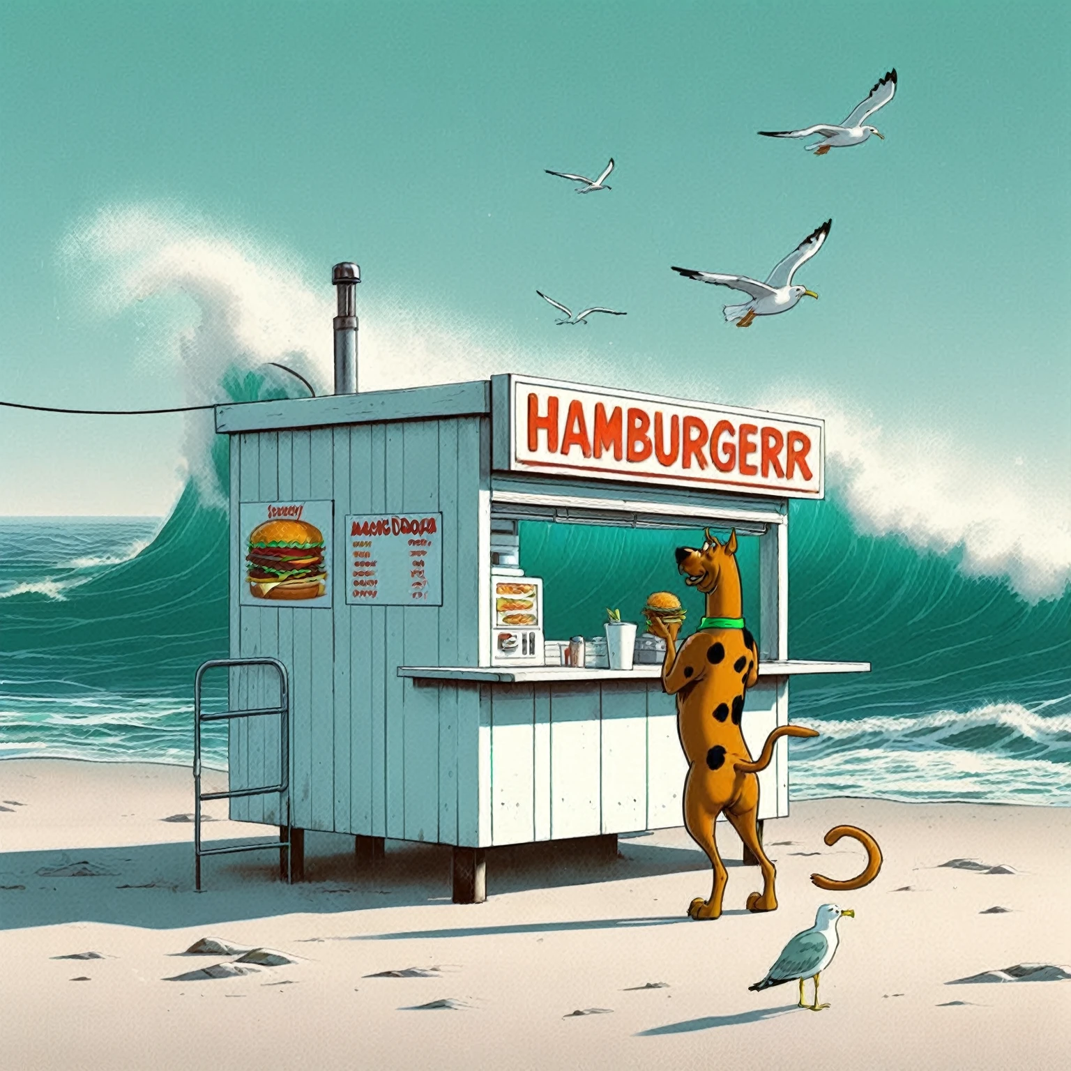 Scooby Doo distinct to original cartoon, ocean front fast food shack, operated by Scooby Doo and Shaggy, waves, sea breeze, seagulls,  The scene is minimal, serene, perfect, strange, candid, cinematic, surreal, and timeless. The hamburger grill is lost in space, standing against a blank canvas. The style is a mix of realism and cartoon, with 90s comic aesthetics, expressive ink work, cinematic compositions, and nuanced details. The style is reminiscent of Joelle Jones and 90's scooby doo animated tv show, shaggy wearing tropical green sweater, scooby doo distinct art style,
