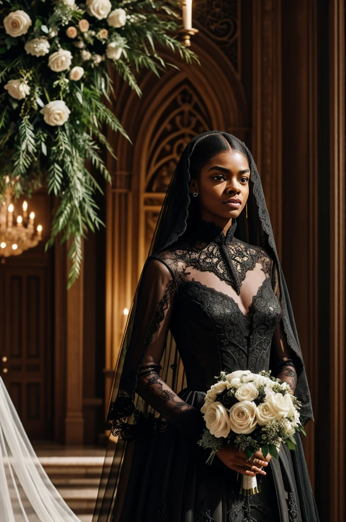 /imagine a realistic intricately detailed beautiful black woman wearing a long sleeved turtle necked Samara weaving lace wedding gown with a long veil and a long monarch train and a realistic intricately detailed handsome black man with tattoos on his face and body and a buzz cut hairstyle, he is wearing a black three piece tuxedo with a black shirt a black bowtie standing on a wedding altar featuring floral designs and decorations in the background : cinematic lighting, dynamic lighting, photography, hyper realistic, ultra HD resolution, dynamic lighting blends with natural light.