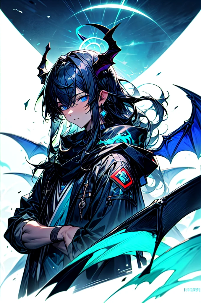 masterpiece, highest quality, highest resolution, clear_image, photo realistic, detailed details, (1  boy, scruffy black hair, bangs, Blue eyes, moon, dark night, long earrings, black hoodie, blue demon horns, blue great sword at the back, sky blue scarf , sky blue futuristic halo, futuristic dragon wings) beautiful, upper body, no water marks, laboratory, no extra limps, no extra body