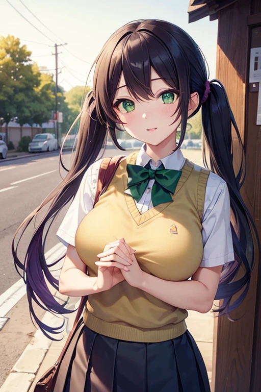 nozomitoujou, nozomi toujou, (green eyes:1.5), purple hair, twintails, low twintails, scrunchie, long hair, (large breast:1.2),
BREAK otonokizaka , pleated skirt, , short sleeves, skirt, summer uniform, sweater vest, yellow sweater vest,
BREAK looking at viewer,
BREAK outdoors, shrine,
BREAK (masterpiece:1.2), best quality, high resolution, unity 8k wallpaper, (illustration:0.8), (beautiful detailed eyes:1.6), extremely detailed face, perfect lighting, extremely detailed CG, (perfect hands, perfect anatomy),