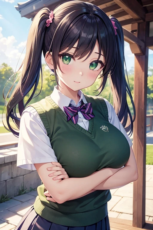 nozomitoujou, nozomi toujou, (green eyes:1.5), purple hair, twintails, low twintails, scrunchie, long hair, (large breast:1.2),
BREAK otonokizaka , pleated skirt, , short sleeves, skirt, summer uniform, sweater vest, yellow sweater vest,
BREAK looking at viewer,
BREAK outdoors, shrine,
BREAK (masterpiece:1.2), best quality, high resolution, unity 8k wallpaper, (illustration:0.8), (beautiful detailed eyes:1.6), extremely detailed face, perfect lighting, extremely detailed CG, (perfect hands, perfect anatomy),