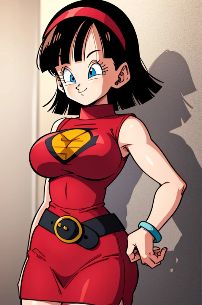 ultra detailed, masterpiece, best quality, solo, soft smile, light smile, Videl, Dragon Ball,
hairband, short hair, red hairband, bangs, sleeveless, dress, jewelry, belt, red dress, braceletblue eyes, colored eyelashes, eyelashes, black hair, , big breast, big ass, white shirt,  confused face expresion, sin imperfecciones, dibujo perfecto,