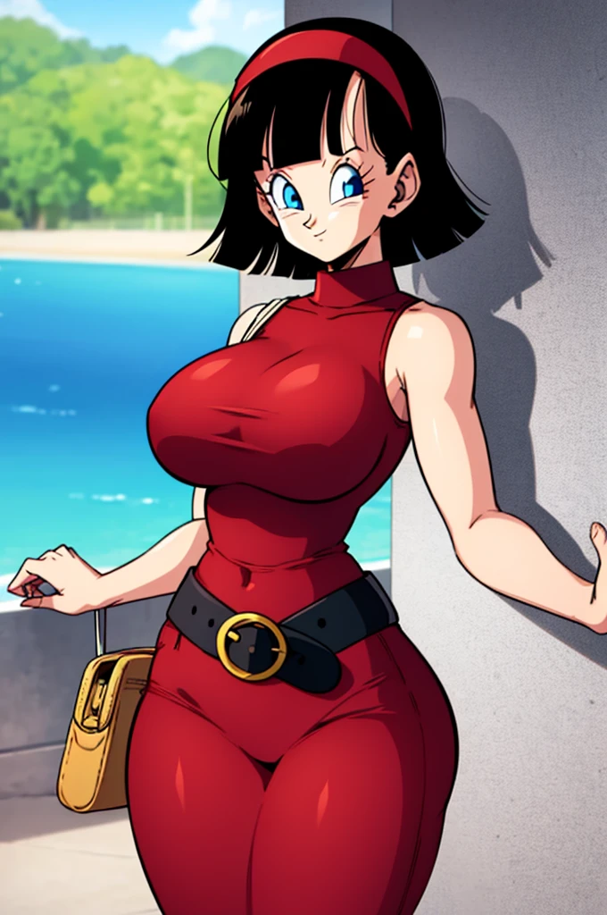 ultra detailed, masterpiece, best quality, solo, soft smile, light smile, Videl, Dragon Ball,
hairband, short hair, red hairband, bangs, sleeveless, dress, jewelry, belt, red dress, braceletblue eyes, colored eyelashes, eyelashes, black hair, , big breast, big ass, white shirt,  confused face expresion, sin imperfecciones, dibujo perfecto,