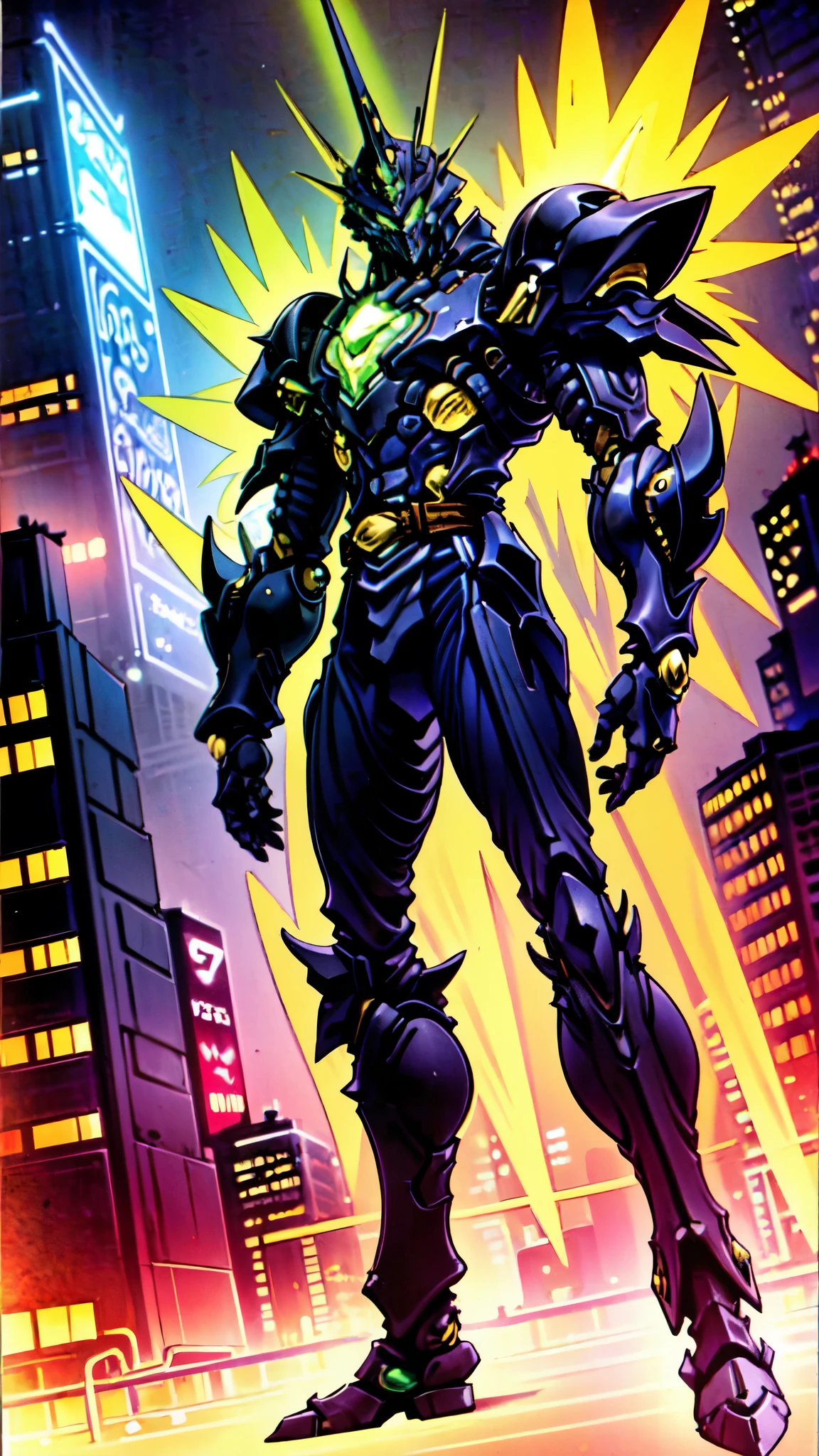 (masterpiece:1.5, best quality:1.5, extremely delicate:1.5, foreshortening:1.5, dynamic angle:1.5), a man wearing a full-face helmet, a fantasy-style biotech armored combat suit, green eyes, (a composite layered chest armor), fully enclosed shoulder guards, matching arm and leg guards, the belt is adorned with neon circuitry, (the color scheme is primarily black glow with green and red accents), the design balances heavy with agility, a high-tech bio-mecha armor, (Armor Concept Inspired by neon Cyberpunk, stand on the top of a skyscraper in a futuristic sci-fi city), this character embodies a finely crafted fantasy-surreal style armored hero in anime style, exquisite and mature manga art style, (element, plasma, energy, the armor glows), ((male:1.5)), metallic, high definition, highres, ultra-detailed, ultra-fine painting, professional, perfect body proportions, golden ratio, anatomically correct, symmetrical face, extremely detailed eyes and face, high quality eyes, creativity, RAW photo, UHD, 32k, Natural light, cinematic lighting, masterpiece-anatomy-perfect