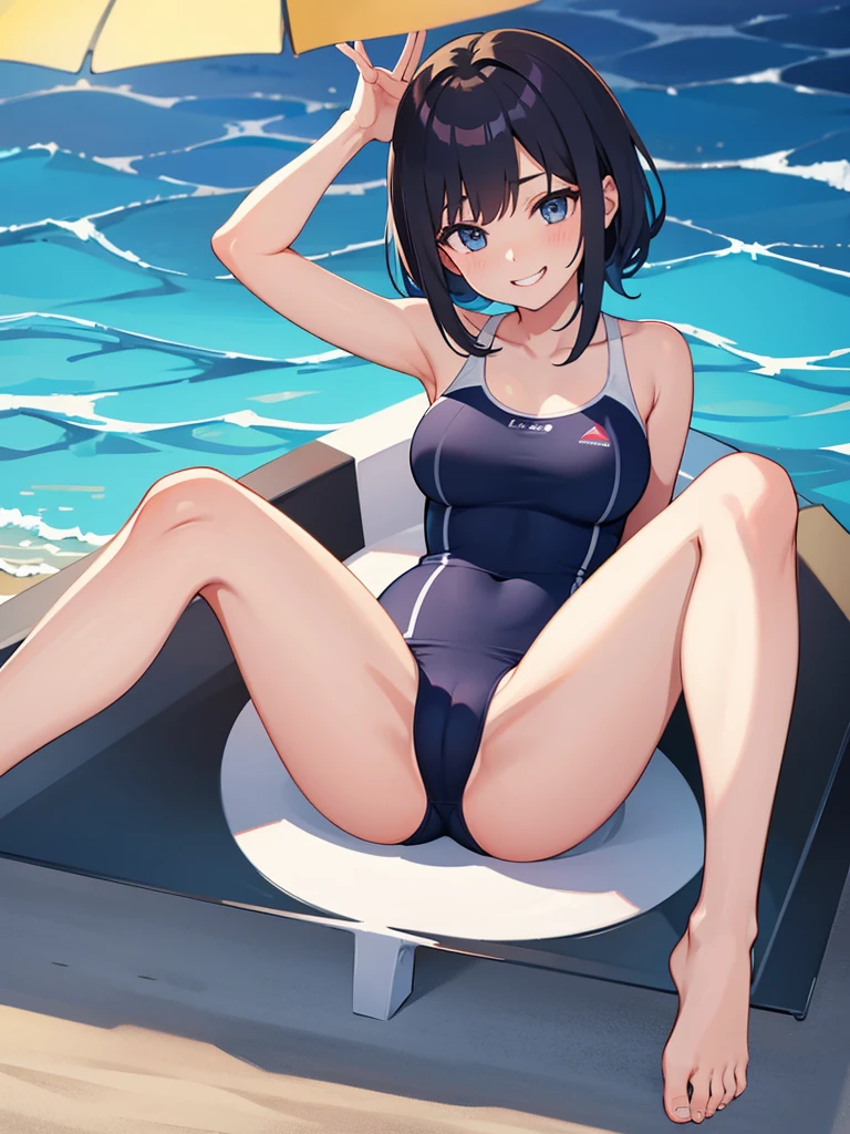 A girl in a swimsuit grinning with her legs spread