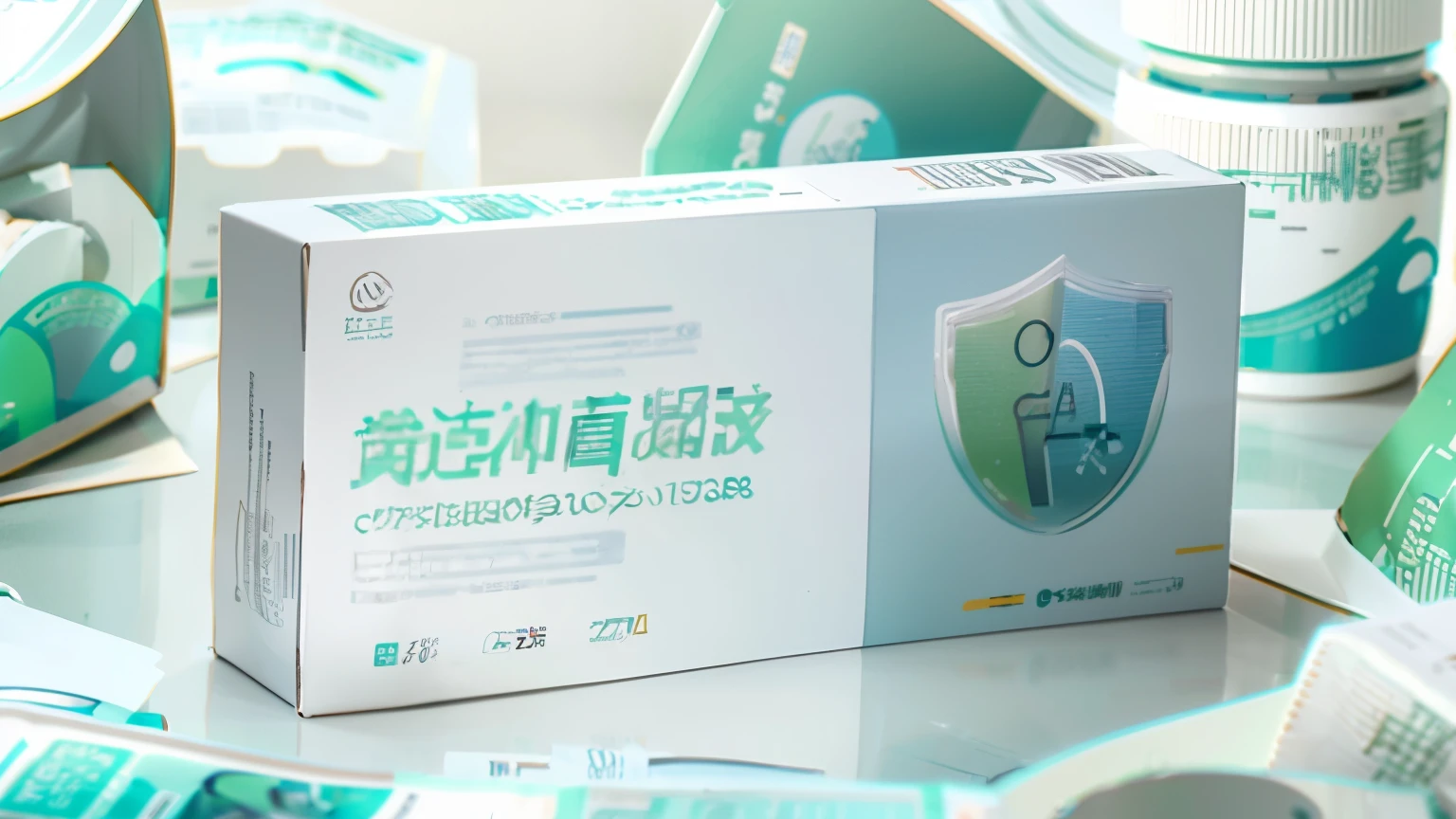 design packaging box for supplement, using a white and green color palette, with the style of "quisitions" on the side of the product box, flat design, modern package design, vector illustration, white background, light blue and gray accents, close up shot of a medical table in front with product photography in front.
