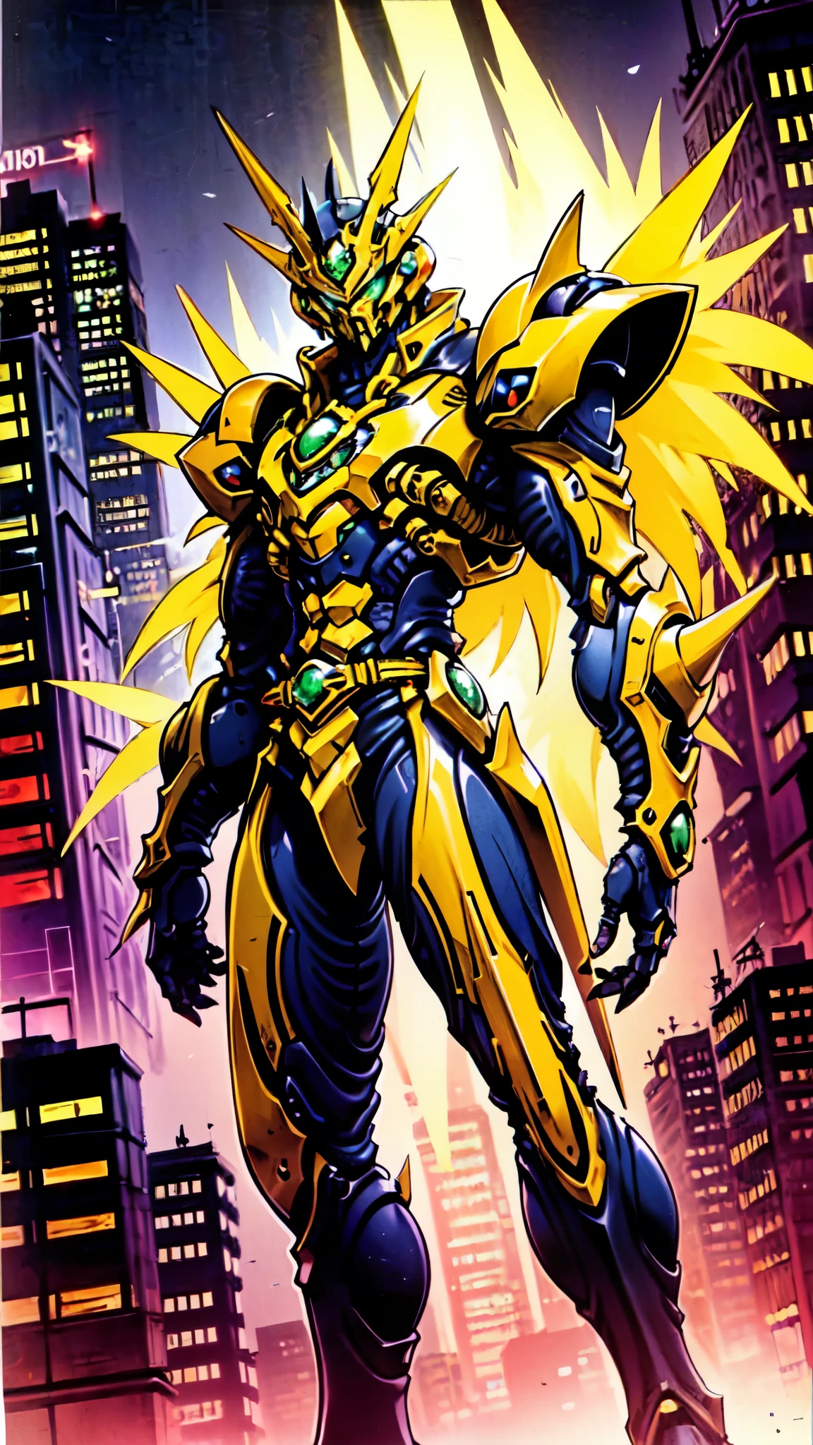 (masterpiece:1.5, best quality:1.5, extremely delicate:1.5, foreshortening:1.5, dynamic angle:1.5), a man wearing a full-face helmet, a fantasy-style biotech armored combat suit, green eyes, (a composite layered chest armor), fully enclosed shoulder guards, matching arm and leg guards, the belt is adorned with neon circuitry, (the color scheme is primarily black glow with green and red accents), the design balances heavy with agility, a high-tech bio-mecha armor, (Armor Concept Inspired by neon Cyberpunk, stand on the top of a skyscraper in a futuristic sci-fi city), this character embodies a finely crafted fantasy-surreal style armored hero in anime style, exquisite and mature manga art style, (element, plasma, energy, the armor glows), ((male:1.5)), metallic, high definition, highres, ultra-detailed, ultra-fine painting, professional, perfect body proportions, golden ratio, anatomically correct, symmetrical face, extremely detailed eyes and face, high quality eyes, creativity, RAW photo, UHD, 32k, Natural light, cinematic lighting, masterpiece-anatomy-perfect