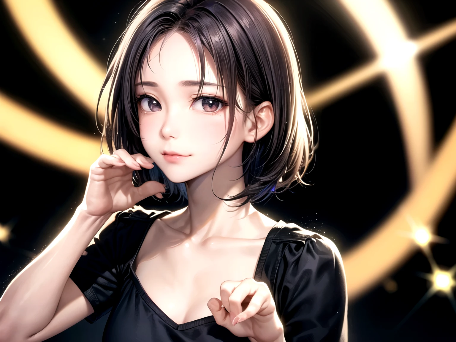 ((Best of the highest quality, 8k, Masterpiece, raw photo: 1.1)), (Sharp focus: 1.1), (1 AESPA, slim body type female, 22 y/o: 1.1), solo, Portrait Waist Up, (realistic, photo-realistic:1.37), face focus, finely small eyes, (forehead, short bob hair: 1.32), (sharp chin, droopy eyes: 1.32), (sad eyes: 1.1), (Emphasize prominent aegyo-sal with bright: 1.28), shimmering eyeshadow applied under the lower lash line, paired with thick, (small breasts, flat chest: 1.2), T-shirt, walking on stage, flower,