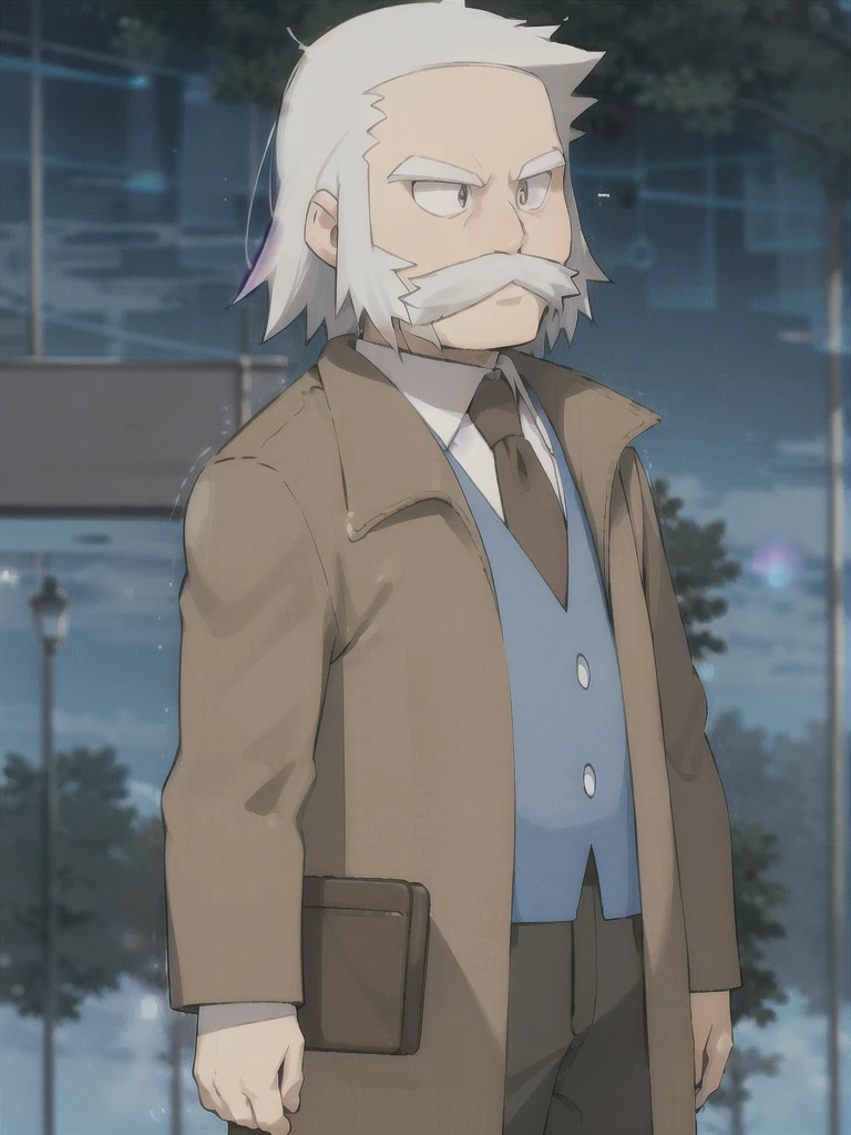 ProfessorRowan, solo, looking at viewer, shirt, 1boy, closed mouth, white shirt, upper body, white hair, male focus, outdoors,brown coat, necktie, collared shirt, blurry, night, blurry background, parody, formal, style parody