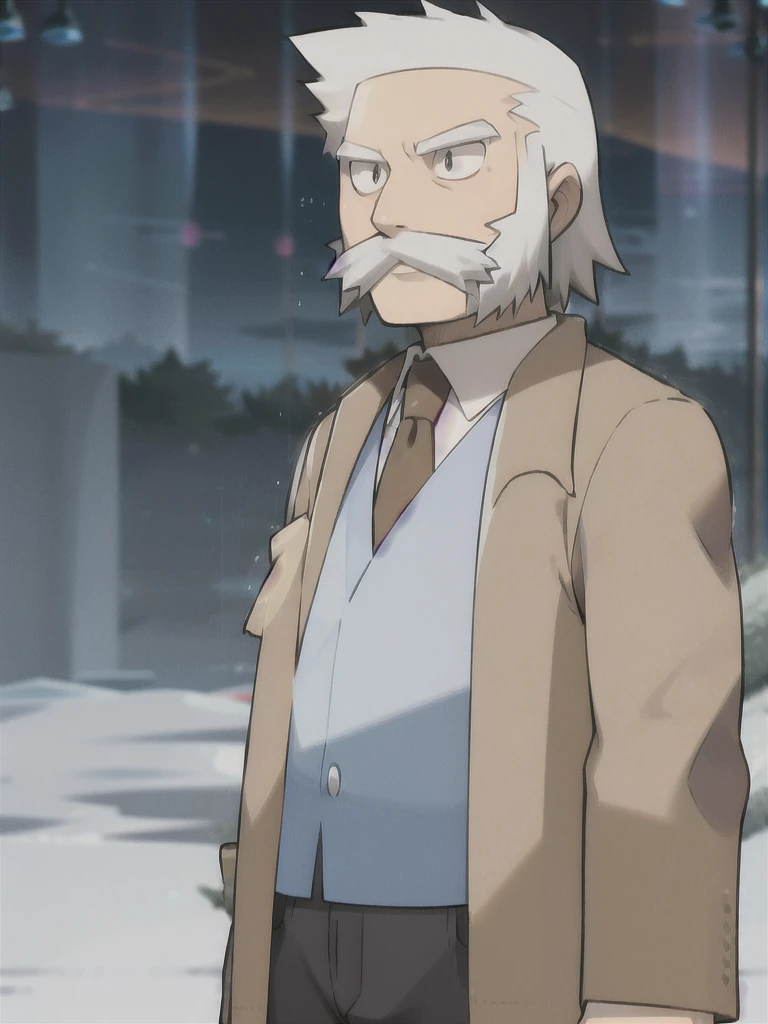 ProfessorRowan, solo, looking at viewer, shirt, 1boy, closed mouth, white shirt, upper body, white hair, male focus, outdoors,brown coat, necktie, collared shirt, blurry, night, blurry background, parody, formal, style parody
