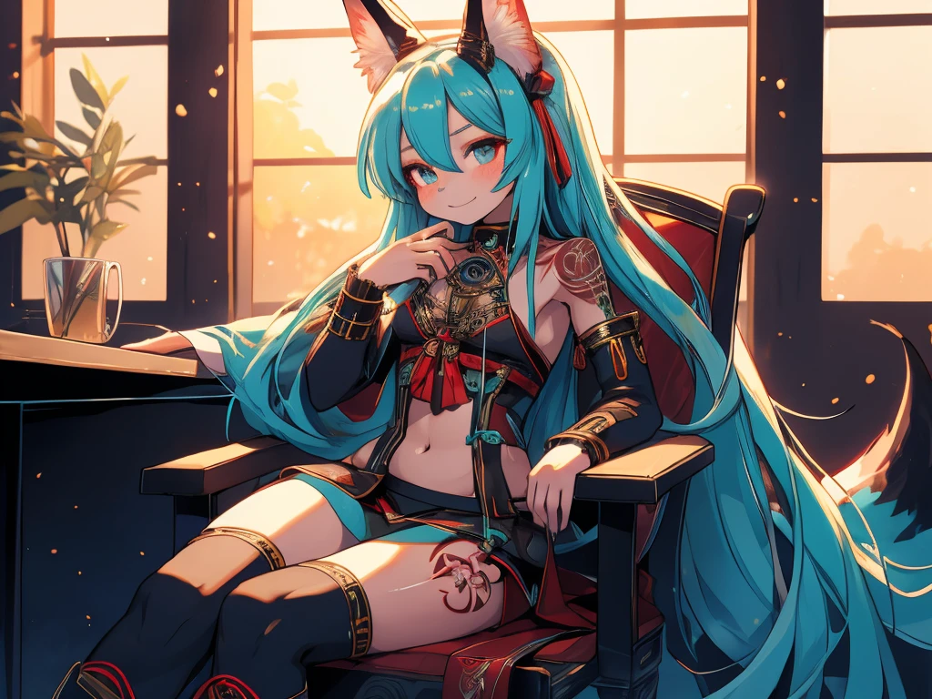 Miku Hatsune, High Definition, kitsune ears, tribal tattoo, gorgerous girl, Small breasts add_detail, magician girl add_detail, sitting in a chair facing forward, thin waist, wide hips wide thighs add_detail:1