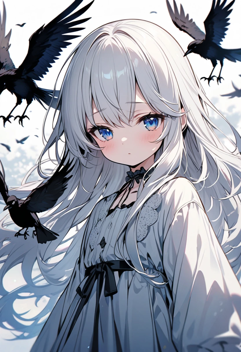 small girl, beautiful, white hair, blue eyes, long hair crows, cute, half eyes