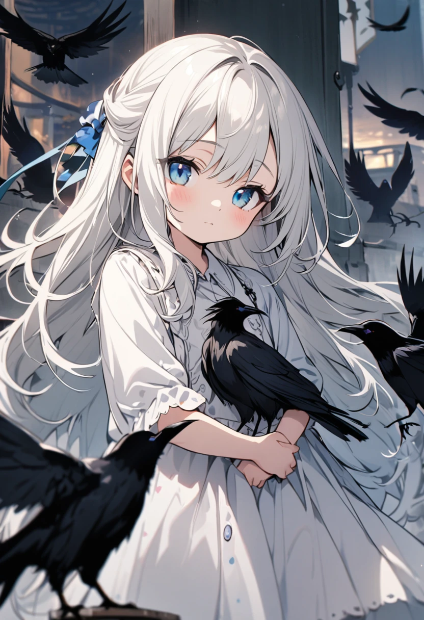 small girl, beautiful, white hair, blue eyes, long hair crows, cute, half eyes