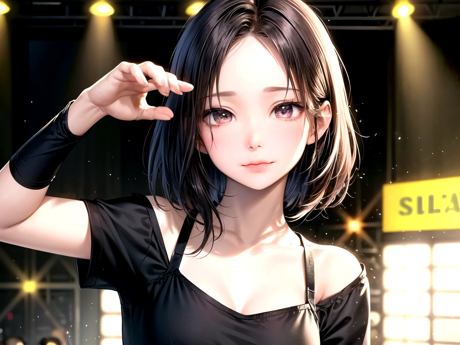 ((Best of the highest quality, 8k, Masterpiece, raw photo: 1.1)), (Sharp focus: 1.1), (1 AESPA, slim body type female, 22 y/o: 1.1), solo, Portrait Waist Up, (realistic, photo-realistic:1.37), face focus, finely small eyes, (forehead, short bob hair: 1.32), (sharp chin, droopy eyes: 1.32), (sad eyes: 1.1), (Emphasize prominent aegyo-sal with bright: 1.28), shimmering eyeshadow applied under the lower lash line, paired with thick, (small breasts, flat chest: 1.2), T-shirt, walking on stage, flower,