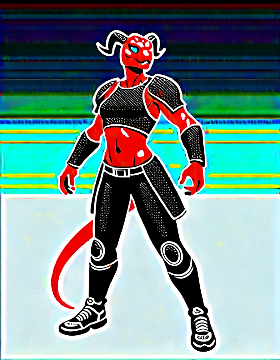 Solo, score_9,score_8_up,score_7_up, kemono style, Anthro Argonian female from skyrim, Anthro reptile girl, snout, red scaled skin, glowing red eyes, black lips, black horns, black ram horns, athletic body, and, wearing metal barbarians armor, barbarian boots, standing, neutral pose, smiling