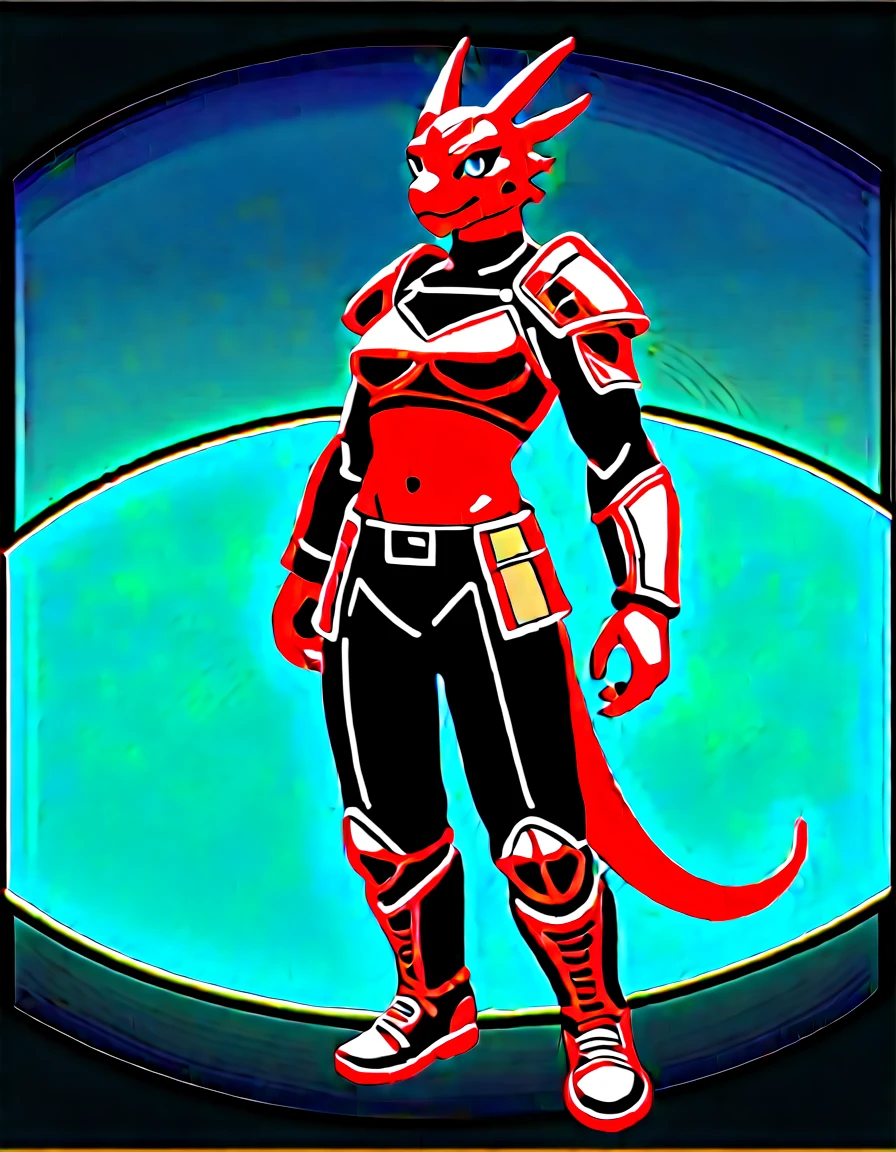 Solo, score_9,score_8_up,score_7_up, kemono style, Anthro Argonian female from skyrim, Anthro reptile girl, snout, red scaled skin, glowing red eyes, black lips, black horns, black ram horns, athletic body, and, wearing metal barbarians armor, barbarian boots, standing, neutral pose, smiling