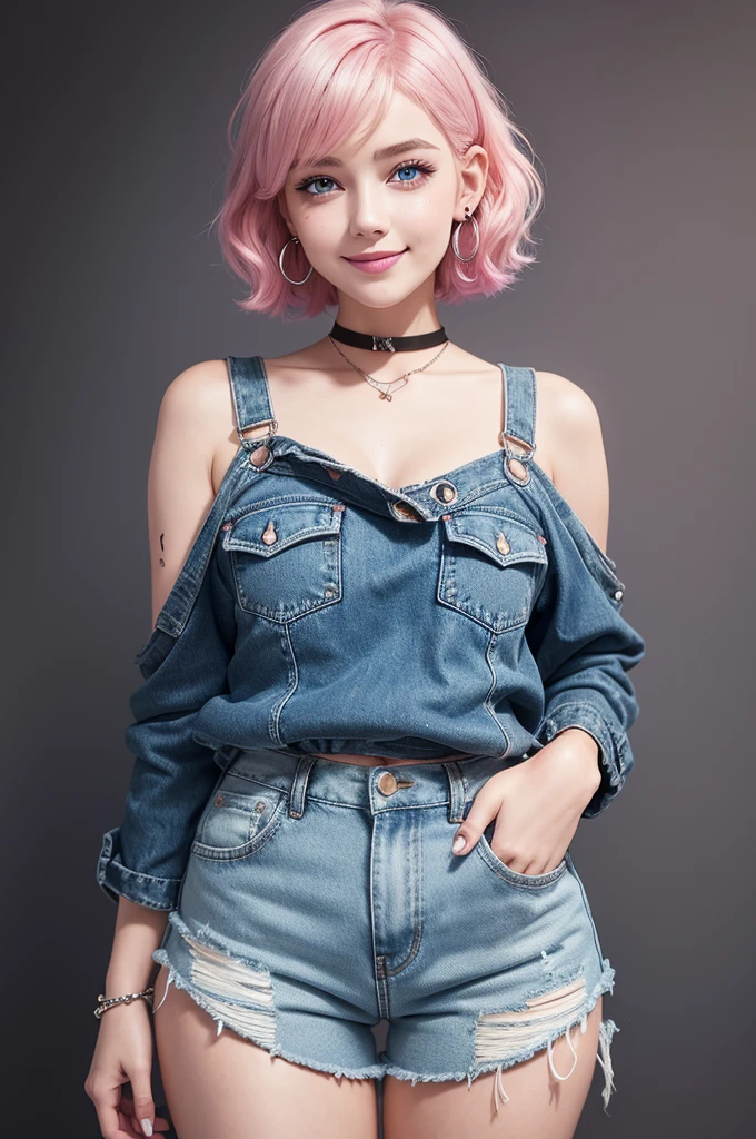 1 girl, short hair above the shoulder, neon pink hair, Caucasian skin, thin with beautiful curves, four ear piercings, wavy hair, clear blue eyes, cute smile, dimple in the cheeks, a silver horseshoe piercing on the hip, brown sweater, black ripped denim shorts, darkness background.