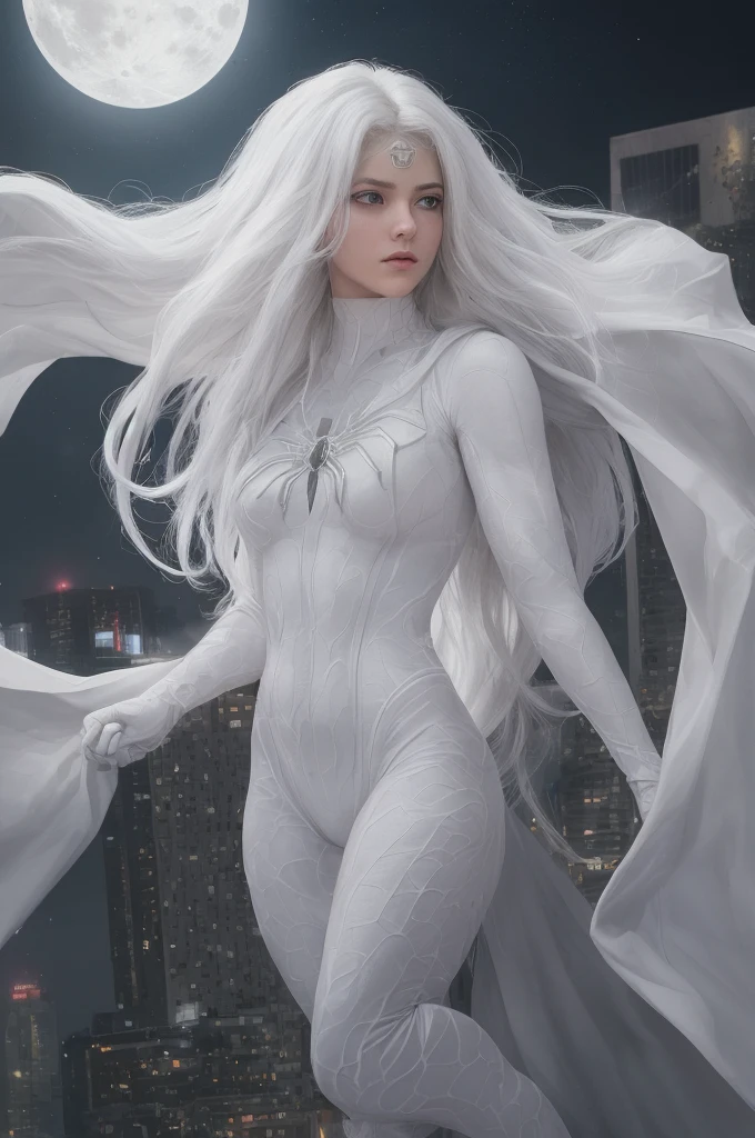 (Masterpiece, 4K resolution, ultra-realistic, highly detailed), (White costume superhero theme, charismatic, girl on top of the city, wearing white Spider-Man costume, superheroine), [((23 years old), (long white hair:1.2), full-body, (blue eyes:1.2), (Spider-Man dynamic poses) ((gritty urban environment):0.8)| (urban landscape, nighttime, dynamic lights), (full moon))]