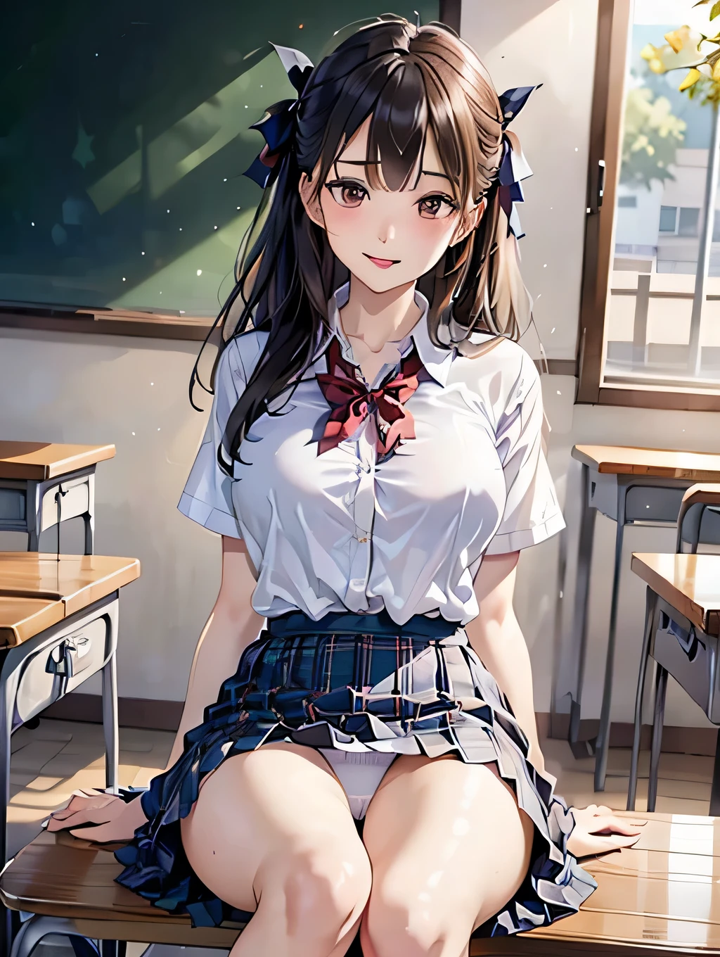 1girl,23yo.strawberry print panties ,.classroom brown eyes, brown hair, cardigan, female pubic hair, full body, gyaru, hair ribbon, lips, loafers, long hair, looking at viewer, panties, plaid, plaid skirt, realistic, red ribbon, , shirt, short sleeves, simple background, sitting, skirt, skirt lift, smile, solo, spls, standing, striped, white neckerchief, white shirt.