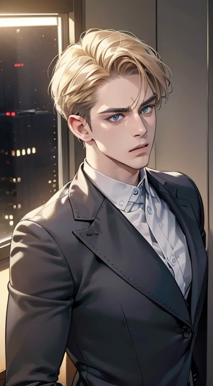 (best quality, masterpiece, 8K, photorealistic, cinematic lighting, hdr image, ultra detailed, beautiful image), 1 man, 31 years old, mature man, very handsome, (without expression, serious), short golden hair, blue grey eyes ( penetrating gaze), perfect face without errors, imposing posture, without errors, businessman, office background