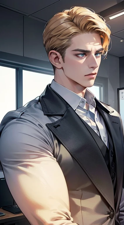 (best quality, masterpiece, 8K, photorealistic, cinematic lighting, hdr image, ultra detailed, beautiful image), 1 man, 31 years old, mature man, very handsome, (without expression, serious), short golden hair, blue grey eyes ( penetrating gaze), perfect face without errors, imposing posture, without errors, businessman, office background